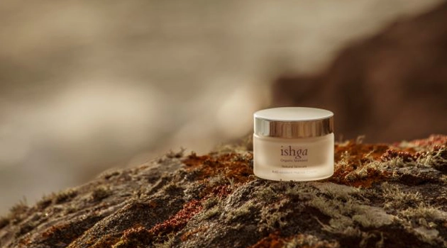 Seaweed product on rock with sea in background