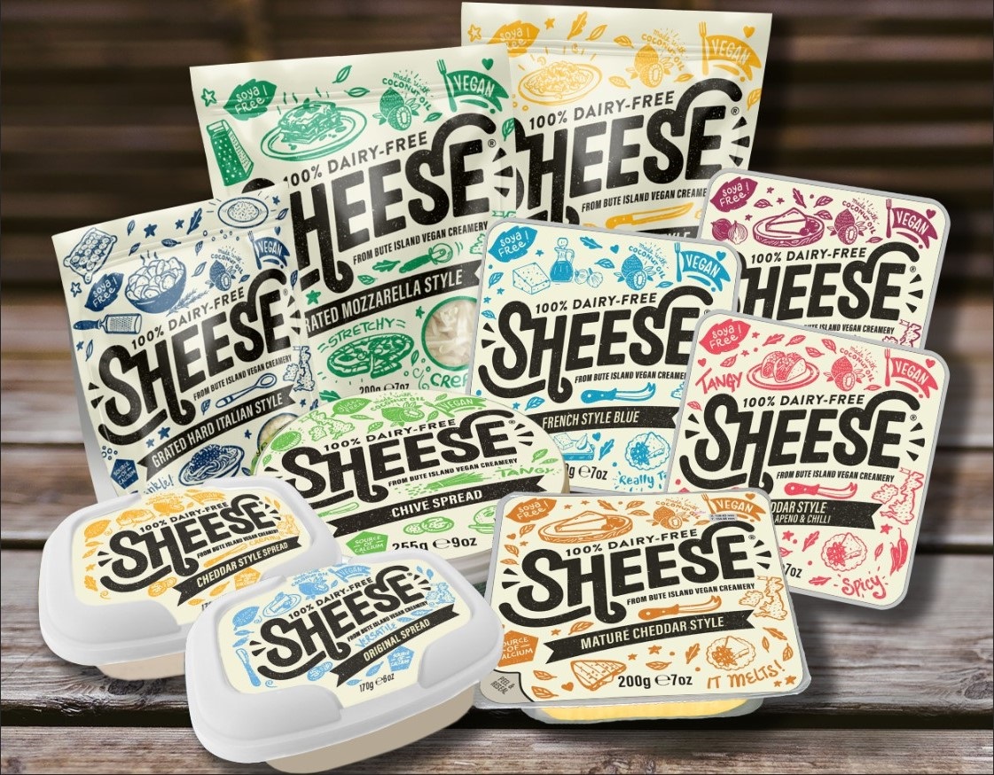 Colourful packaged vegan cheese produced by Bute Island Foods