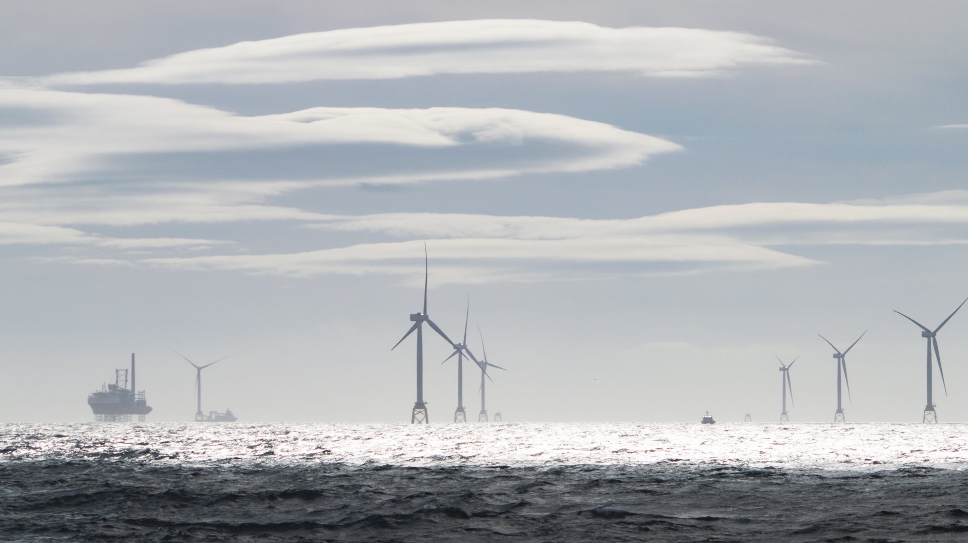 Tall turbines in the sea at Beatrice offshore wind farm