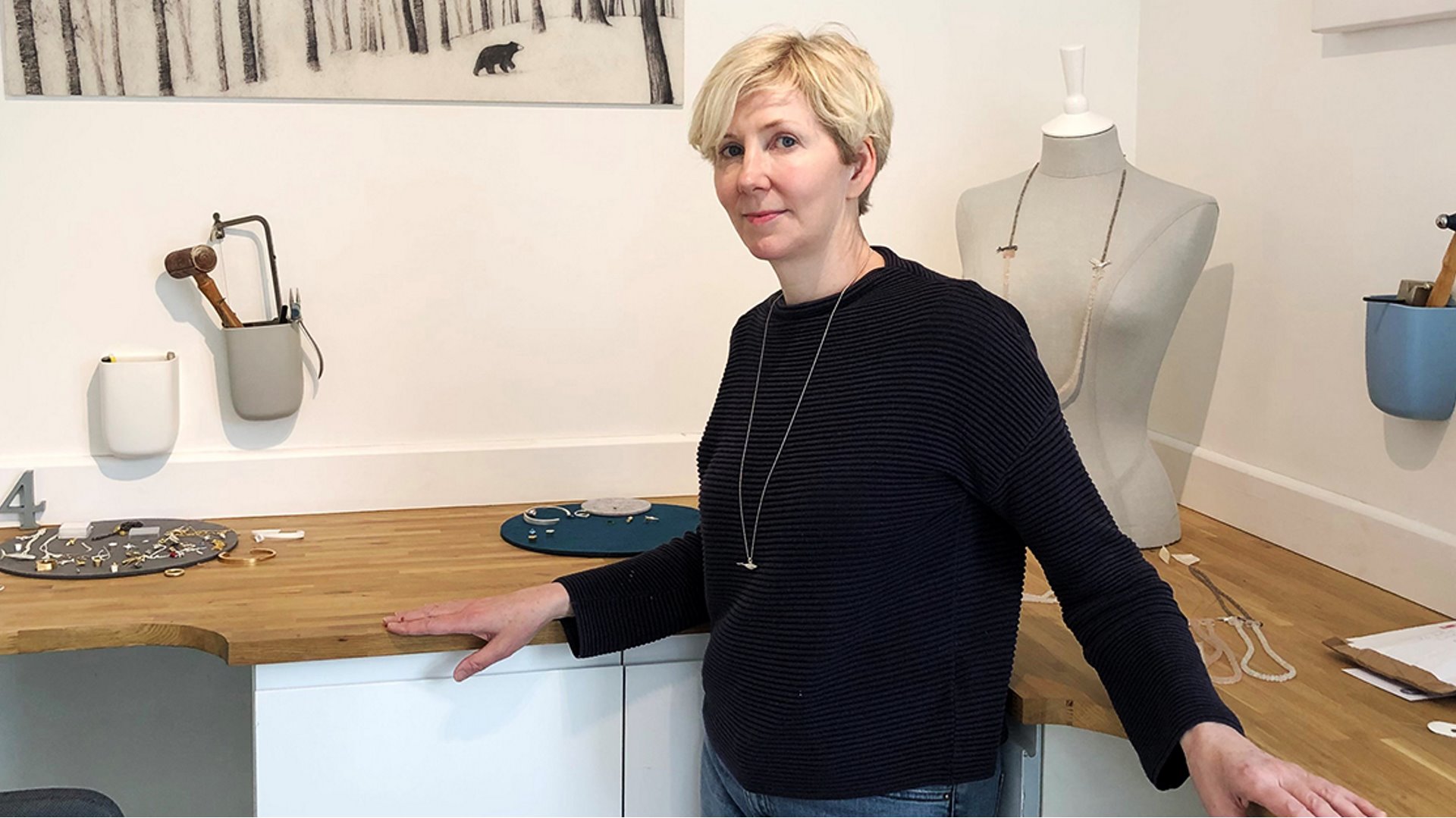 Jewellery designer Eileen Gatt standing in her workshop in Munlochy