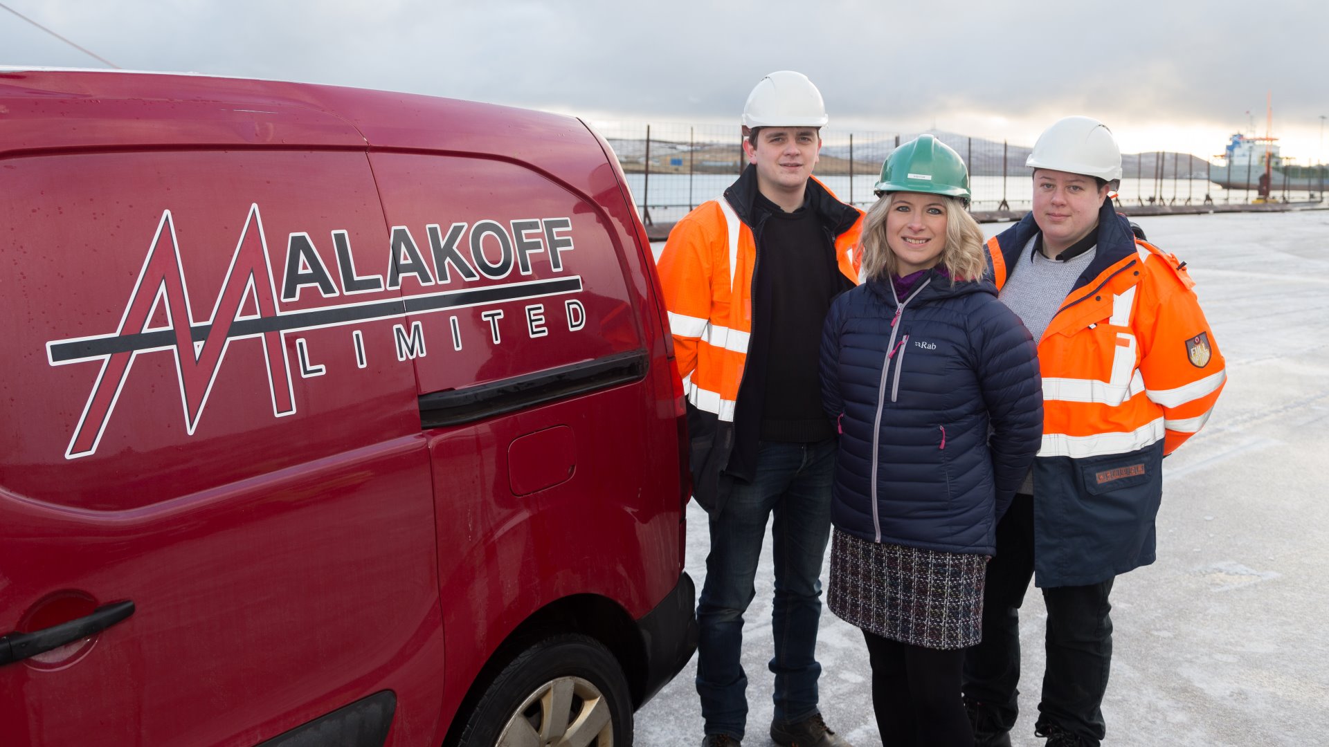 Ryan Stevenson Malakoff, Katrina Wiseman HIE, Claire Christey Malakoff at Malakoff's Greenhead Facility in Lerwick, Shetland